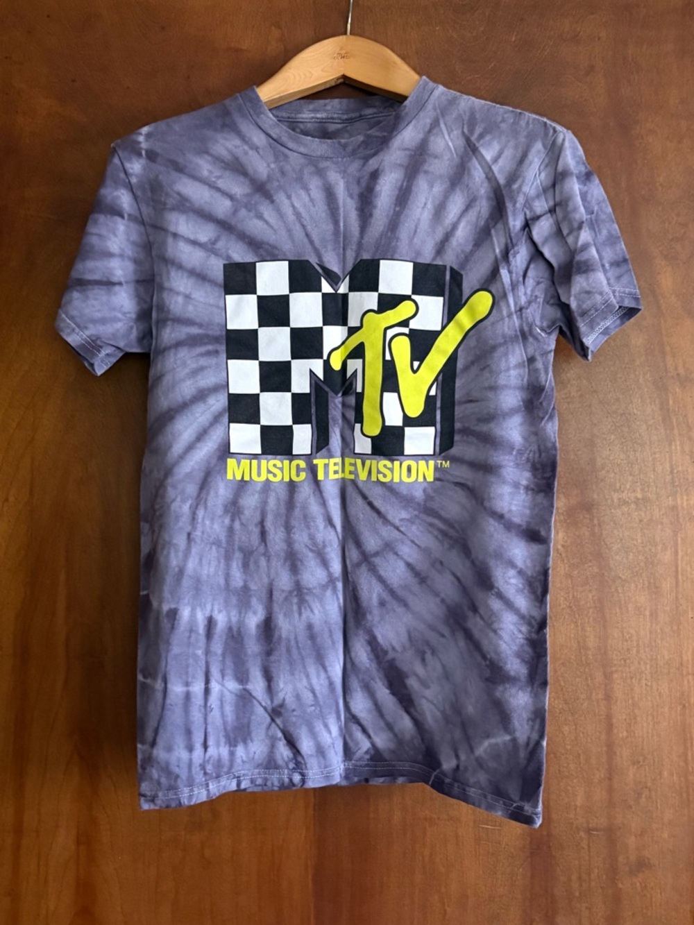 MTV Purple Tie-Dye Tee with Yellow Logo and Black-White Check